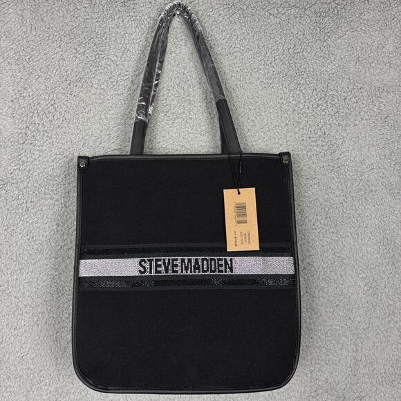Steve Madden City Canvas Tote with Removable Pouch in Black, Rhinestone NEW - Picture 2 of 16